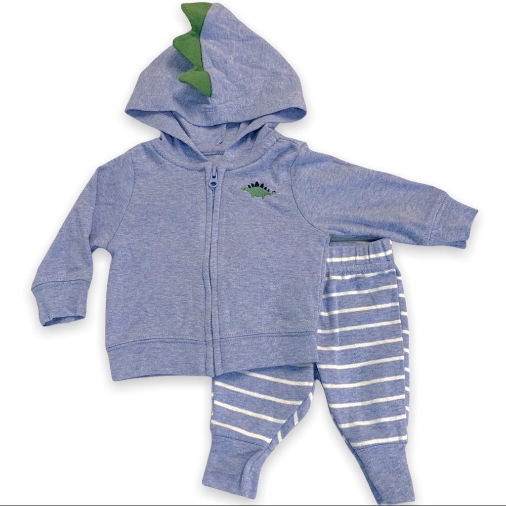 COPY - Carters NB Dinosaur Zip-up Hooded Jacket & Stripe Stretchy pants Blue & …